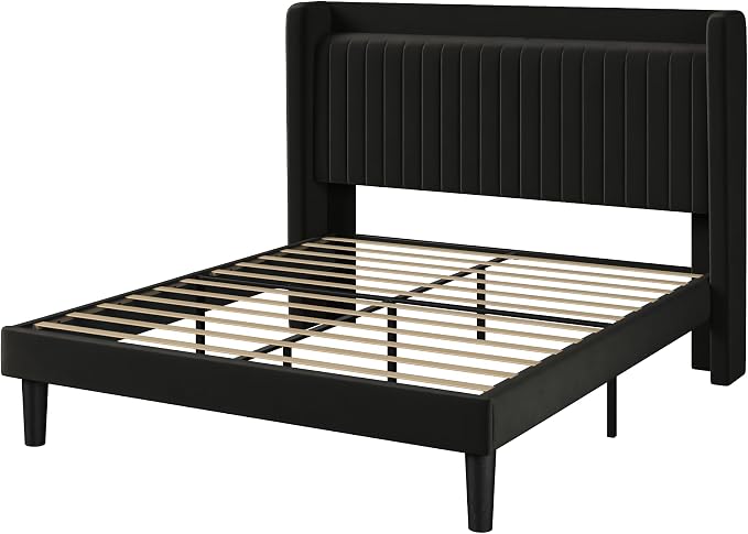 Allewie Queen Size Platform Bed Frame with USB Charging Station and Storage Shelf/Upholstered Velvet Wingback Headboard/Wooden Slats Support/No Box Spring Needed/Easy Assembly, Black