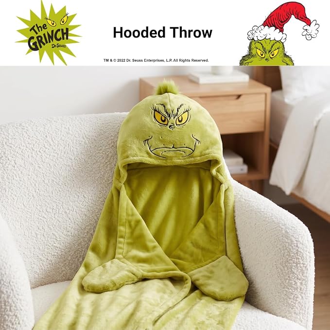 Grinch by Dr. Seuss Hooded Throw - Kids Christmas Bedding Super Soft Throw Blanket - 30 in x 50 in, (Officially Licensed Product) by Franco