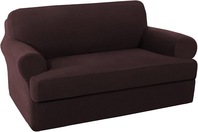 H.VERSAILTEX 2 Separate Pieces Stretching Loveseat Slipcover/Furniture Cover Love Seat, Thick and Durable Jacquard Covers Suit for T Cushion/Box Cushion, Easy to Put on (Loveseat, Brown)