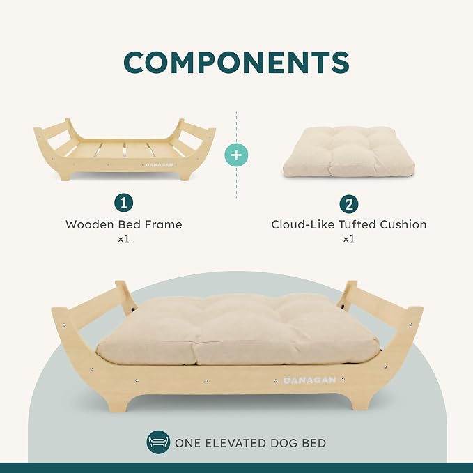 CANAGAN Elevated Wooden Dog Bed with Cushion, Natural Wood, Large | Raised Dog Couch Bed with a Washable Cover and Plush PP-Filled Cushion, Designed for Large Dogs and Stylish Indoor Living