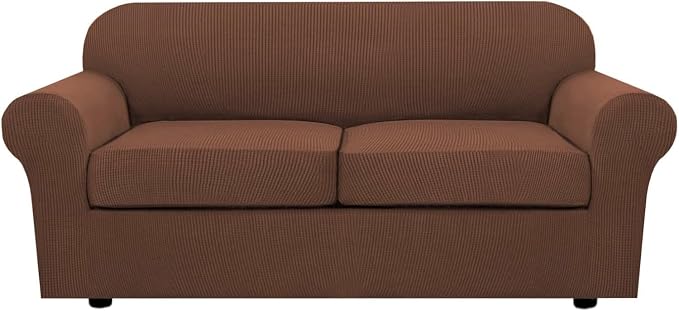 H.VERSAILTEX 3 Piece Stretch Sofa Covers for 2 Cushion Sofa Couch Covers for Living Room Sofa Slipcovers (Base Cover Plus 2 Seat Cushion Covers) Thicker Jacquard Fabric(Large Sofa, Caramel)