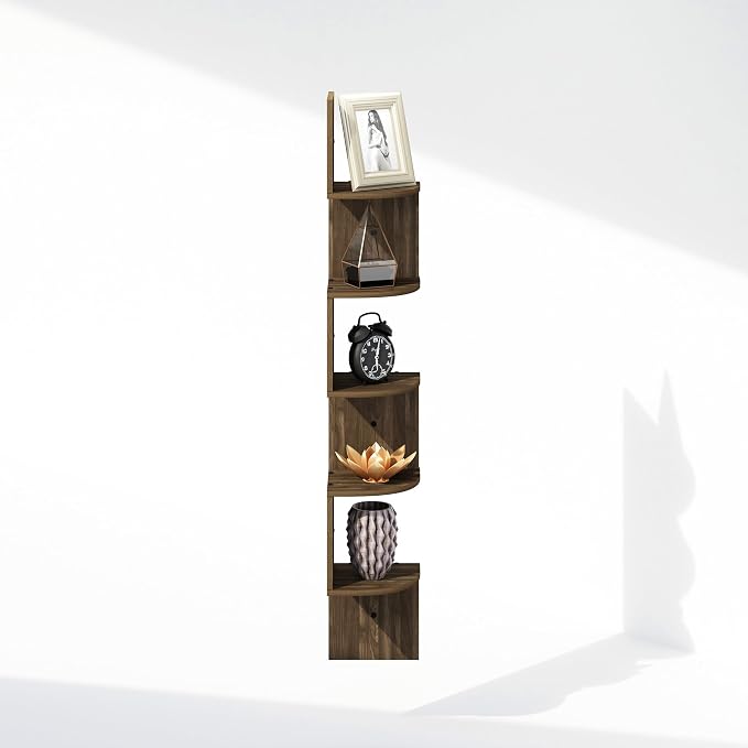 Furinno Rossi 5-Tier Floating Corner Shelf for Wall, Corner Zigzag Shelf Wall Mounted, Radial Wall Mount Shelves, for Home Office, Living Room, Bedroom, Bathroom, Columbia Walnut