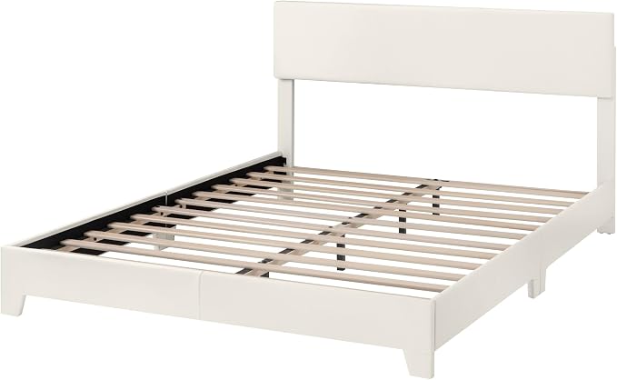 Allewie Queen Size Upholstered Bed Frame Adjustable Headboard, White | Platform Bed with Heavy Duty Mattress Foundation, Noise-Free, Easy Assembly, Wood Slat Support, No Box Spring Needed