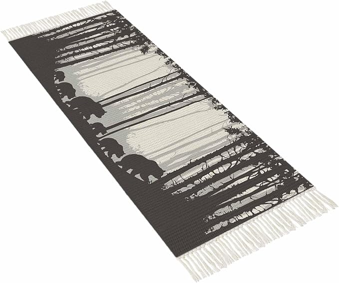 Rustic Bear Hallway Runner Rug 2X6 Ft Kitchen Carpet, Washable Woven Forest Animal Rustic Cabin Throw Carpet with Tassel, Non-Shedding Farmhouse Vintage Nature Scenery Art Bedroom Laundry Rugs