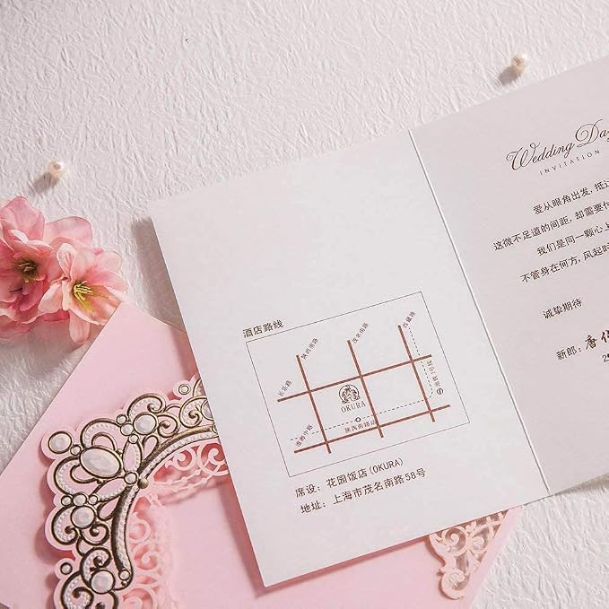 Hosmsua 50PCS Personalized Pink Quinceanera Invitations with Envelopes 5.4x7.3 Inch Laser Cut Floral Gold Crown Pocket Invitation for Quinceanera Birthday Invite