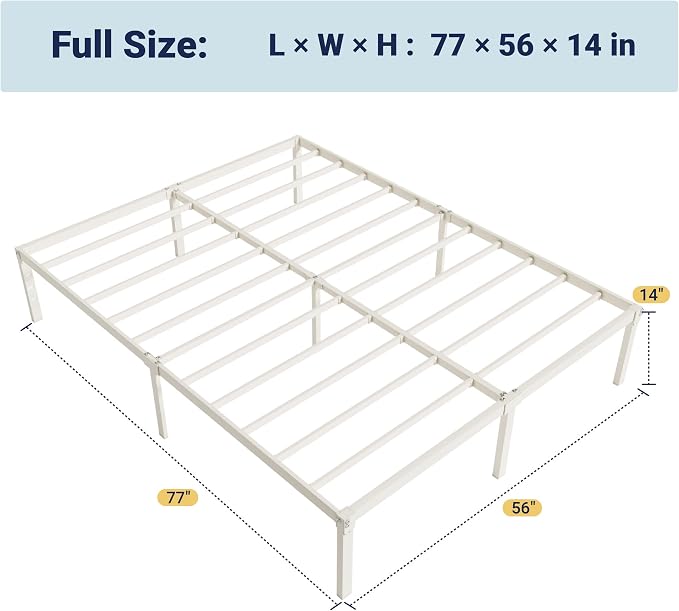 Allewie Full Size Bed Frame, 14 inch Metal Beds with Storage Space, Beige | Heavy-Duty Metal Platform Beds, Large Under-Bed Storage Space, No Box Spring Needed, Easy Assembly