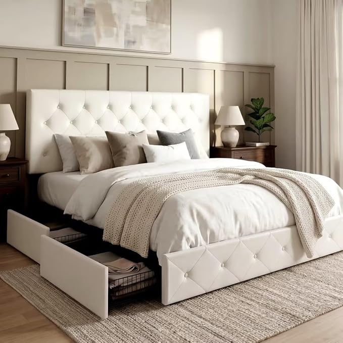 Allewie King Size Platform Bed Frame with 4 Storage Drawers and Headboard/Upholstered Diamond Stitched Button Tufted/Wooden Slats Support/Mattress Foundation/No Box Spring Needed/White