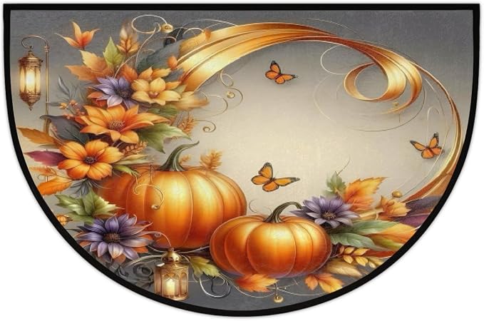 Pumpkin Half Round Doormat Non-Slip Semi Circle Rug Half Moon Mat | Fall Flower Grey Washable Soft Absorbent Indoor Outdoor Entrance Kitchen Bathroom Sink Patio Welcome Fireplace Floor Rug