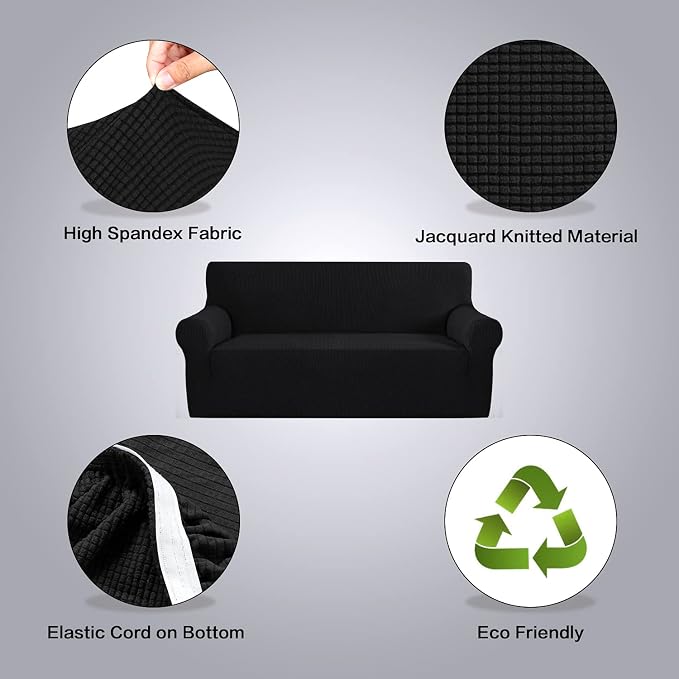 H.VERSAILTEX Couch Stretch Covers Couch Covers for Dogs Sofa Slip Covers for 3 Seat Cushion Couch Feature Thick Checked Jacquard Fabric with Elastic Bottom, Sofa Large - Black