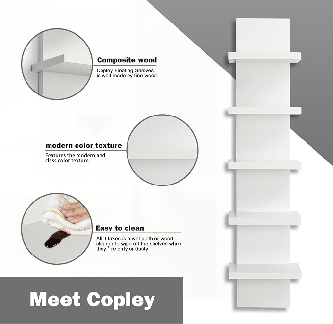 5 Tier Wall Shelves White, Vertical Column Shelf Floating Storage Home Decor Organizer Tall Tower Design Utility Shelving Bedroom Living Room, 30.7inch