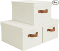 StorageWorks Fabric Storage Bins with Lids, Decorative Storage Bins with PU Handles, Foldable Storage Baskets for Closet, Shelves, Stackable and Sturdy Organization, Ivory, Large, 3-Pack