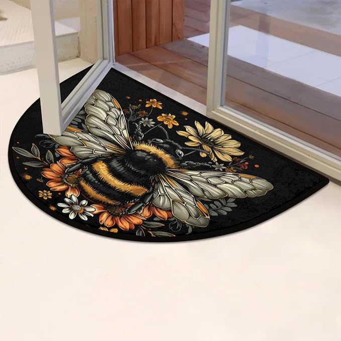 Pardick Half Round Door Mat Cute Bee and Flowers Anti-Slip Semi Circle Rug 24X36 Indoor Door Mat Half Moon Bath Mat, Washable Decorative Floor Mat for Kitchen Bathroom Hearth Fireplace