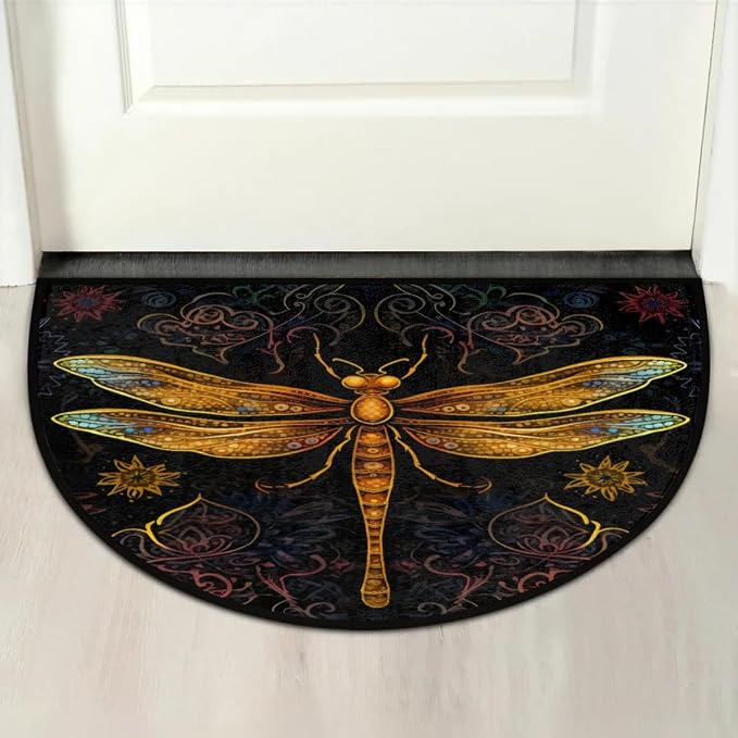 Boho Dragonfly Half Round Door Mat Welcome Entrance Mat Bath Bathroom Rug | Boho Dragonfly Welcome Entrance Mat Anti-Slip Half Moon Bath Mat Semi Circle Rug Indoor Outdoor Kitchen Rug