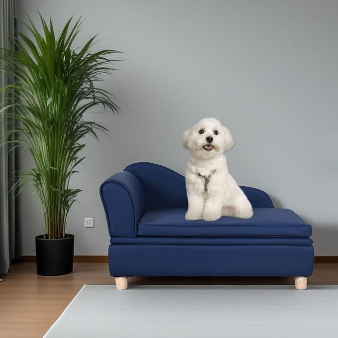 PU Leather Dog Sofa and Chair with Storage - Wooden Frame Cat Sofa Couch with Cushion,Small Pet Bed Sofa for Puppy and Cats (Blue)