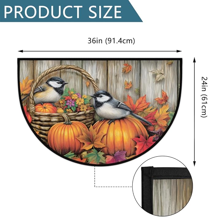 Pumpkin Bird Wood Maple Leaf Half Round Door Mat Non-Slip Soft Doormats for Home Indoor Outdoor Entrance Bath Carpet Area Rugs for Home Dining Living Room Bedroom 36" X 24"