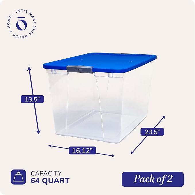 HOMZ Clear Plastic Storage Bin with Secure Latching Blue Lid, 64 Qt, 2 Pack | Heavy-Duty Stackable Containers, Large Organizer Box for Homes, Offices, and Garages