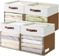 Bagnizer Storage Cubes, 4 Pack Linen Foldable Storage Bins (13 x 13 inch) with Clear Window and Handles, Fabric Organizer for Shelf Closet, Clothes, Books - (Brown and White)