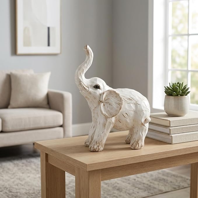 Sagebrook Home Resin Elephant Figurine - Handcrafted Polyresin Home Decor Statue - Rustic Casual Style for Living Room, Bedroom, Office - Elegant Accent Sculpture - 11" White