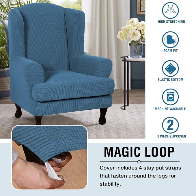 H.VERSAILTEX 2 Piece Stretch Jacquard Wingback Chair Covers Slipcovers Wing Chair Covers (Base Cover Plus Seat Cushion Cover) Furniture Covers for Wingback Chairs, Form Fitted Thick Soft, Dusty Blue