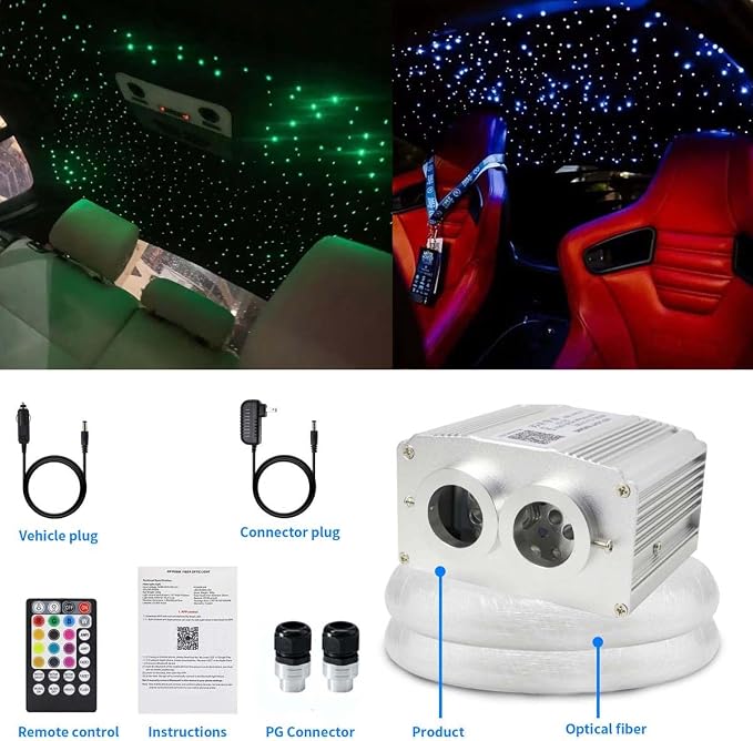 AZIMOM Two Port 16W Twinkle 900pcs Fiber Optic Starlight Headliner Kits 0.03in 9.8ft Fiber Strands Sound Activated Remote APP Control Dual Port Starlight Box Car Home Ceiling Decor