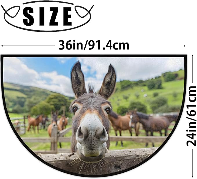 Animal Donkey Half Round Rug Half Moon Door Mat Half Circle Rugs | Farm Art Washable Non-Slip Semi Circle Rug Welcome Half Round Door Mat Indoor Entrance Kitchen Home Bedroom Living Room Decor