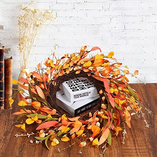 20" Artificial Fall Wreath for Front Door Orange Fall Leave Wreath Autumn Wreath with Colorful Autumn Foliage and Grain Farmhouse Fall Door Wreath for Harvest Thanksgiving Fall Decorations - Image 7