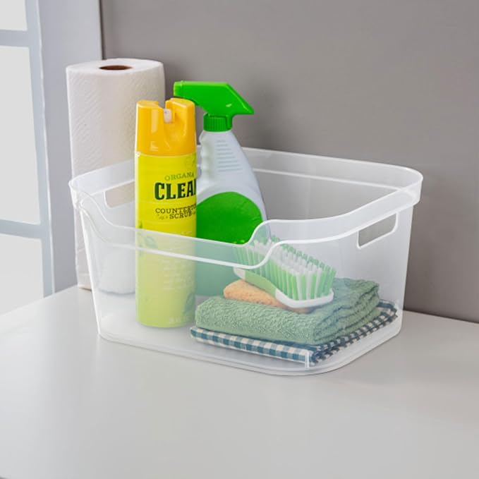Sterilite 7 x 11 x 14.25 Inch Polished Open Scoop Front Storage Bin with Comfortable Carry Through Handles for Household Organization, Clear (18 Pack)