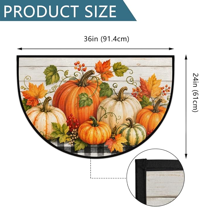 Thanksgiving Half Round Door Mat Outdoor Doormat Bedroom Entrance Rug A4 | Autumn Pumpkin Thanksgiving Semi Moon Door Mat Non-Slip Absorbent Kitchen Rug Indoor Welcome Bath Mat 36" X 24"