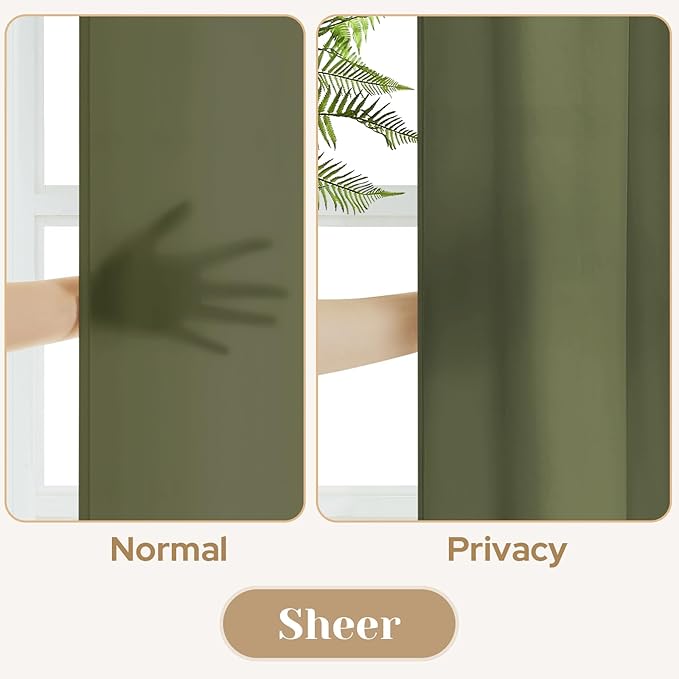 HOMEIDEAS Non-See-Through Olive Green Privacy Sheer Curtains, 52 X 63 Inches - Image 3