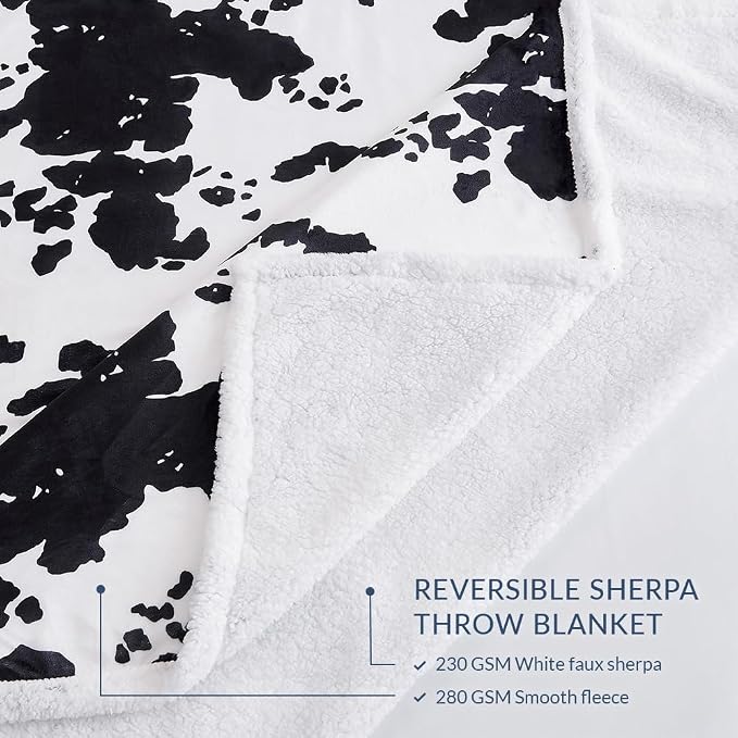 Indigo Hill by HiEnd Accents Elsa Sherpa Cow Print Blanket, Black Cowhide Pattern Rustic Western Throw Blankets for Camping Outdoor, Animal Print Sherpa Fleece Blanket for Couch Sofa Bed, 54x68 inch