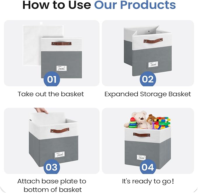 FinishingBo 13 inch Storage Bins with Labels 6 Pack | PU Leather Handles, Foldable Storage Cubes, Storage Baskets, Closet Storage, White/Dark Grey