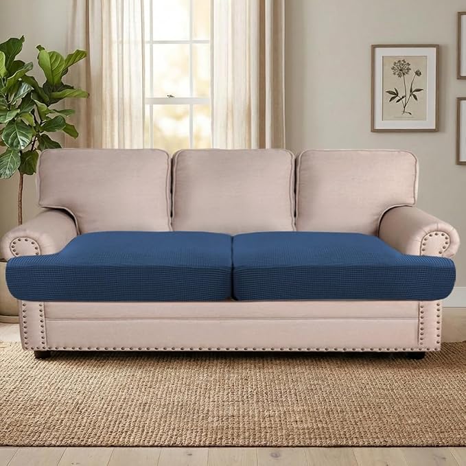 H.VERSAILTEX Stretch 2 Piece T Cushion Sofa Slipcovers Individually Sofa Cushion Covers for 2 Cushion Couch Sofa Seat Cushion Covers with Elastic Bands Featuring Thicker Jacquard Fabric, Navy