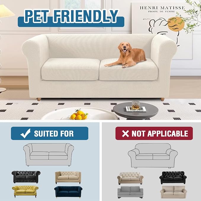 H.VERSAILTEX Loveseat Covers for 2 Cushion Couch 3 Pieces Stretch Traditional Chesterfield Loveseat Covers Mid Century Deep Seat Couch Cover Washable, Thicker Jacquard Fabric(Medium Sofa, Ivory)