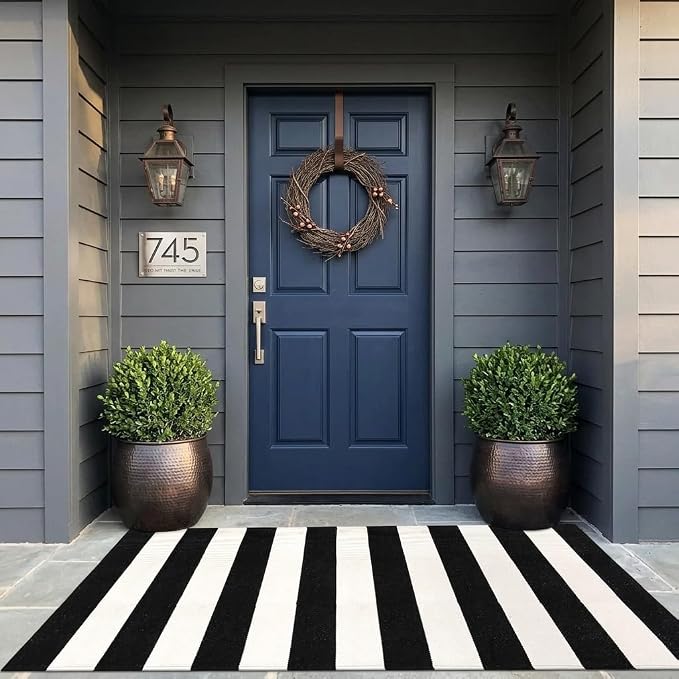 LEEVAN Black and White Outdoor Rug 3X5, Cotton Washable Striped Patio Rugs Hand Woven Front Door Mat, Reversible Entryway Rug Farmhouse Black Floor Carpet for Balcony/Courtyard/Entrance