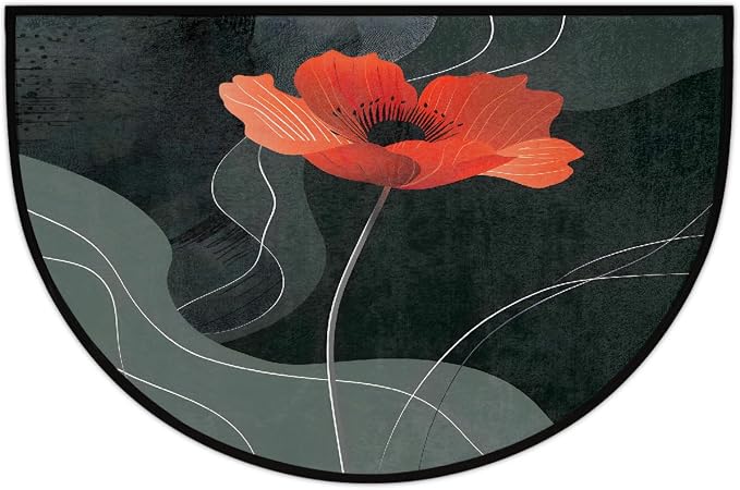 Pardick Half Round Doormat Semi Circle Rug Red Poppy Flower Non Slip Indoor Outdoor Entrance Half Moon Rug Absorbent Durable Washable Front Floor Mat for Kitchen Bathroom Patio Fireplace