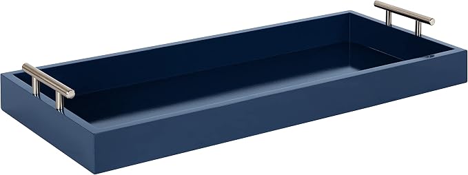 Kate and Laurel Lipton Narrow Decorative Tray; 10 x 24; Navy Blue and Silver; Chic Accent Tray for Display and Storage