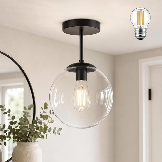 KoKo&Yukina Mid Century Modern Globe Semi Flush Mount Ceiling Light Fixture Clear Glass with Finish Black Globe Ceiling Light for Aisle Porch Stairway Closet Kitchen Laundry Room(Bulb Incl.)