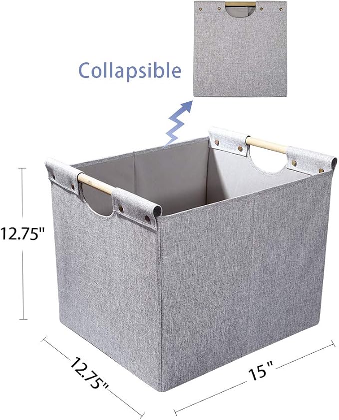 HOONEX Large Foldable Storage Bins, Linen Fabric, 2 Pack, with Wooden Carry Handles and Sturdy Heavy Cardboard, for Home, Office, Car, Nursery, Light Grey