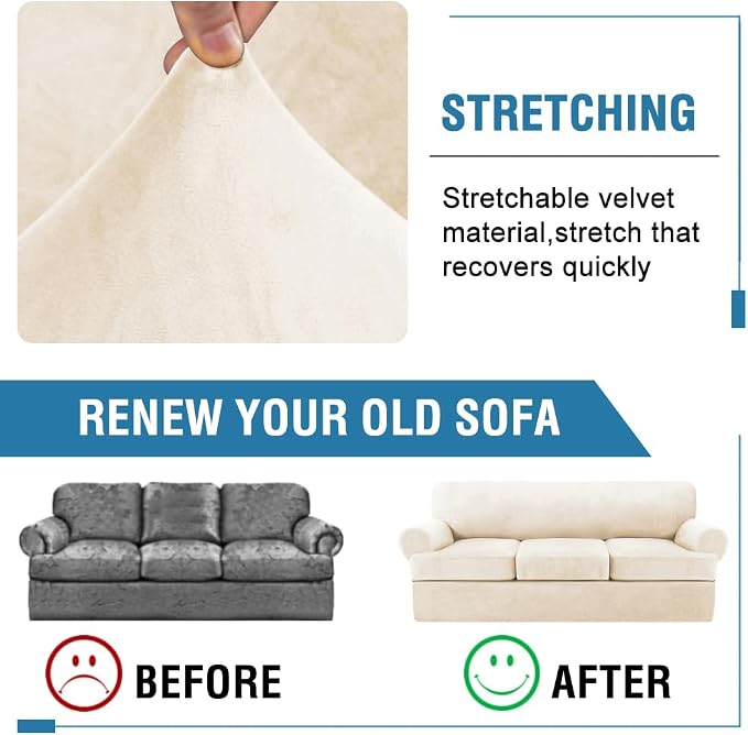 H.VERSAILTEX Sofa Cover 4 Piece T Cushion Sofa Slipcovers Thick Velvet Couch Cover Stretch T Cushion Sofa Covers for 3 Cushion Couch with 3 Individual T Cushion Covers, Cream