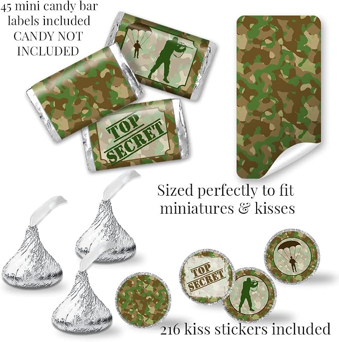 Amanda Creation Top Secret Camouflage Army Soldier Birthday Party Bundle Includes 20 Invitations & Thank You Cards & Envelopes + 2 Sizes of Stickers, & Water Bottle Labels!
