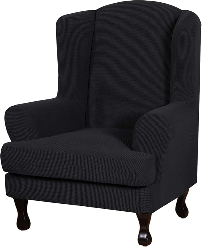 H.VERSAILTEX 2 Piece Stretch Jacquard Wingback Chair Covers Slipcovers Wing Chair Covers (Base Cover Plus Seat Cushion Cover) Furniture Covers for Wingback Chairs, Form Fitted Thick Soft, Black