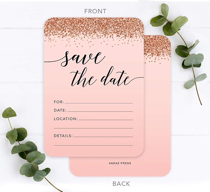 Andaz Press Blush Pink and Rose Gold Glitter Elegant Party Collection, 5x7-inch Invitations with Envelopes, Save The Date, 24-Pack, Double Sided Printing, Heavy Card Stock, Includes Envelopes