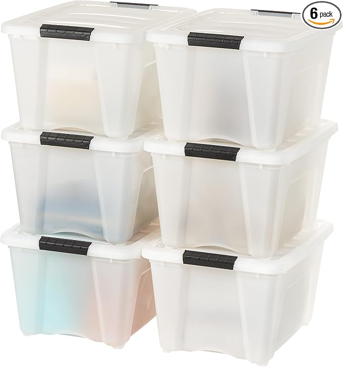 IRIS USA 6-Pack 32 Quart Storage Bins with Lids, Pearl | Conceals contents for a clean look. Great for linens, décor, closet storage, and supplies. Nestable design saves space