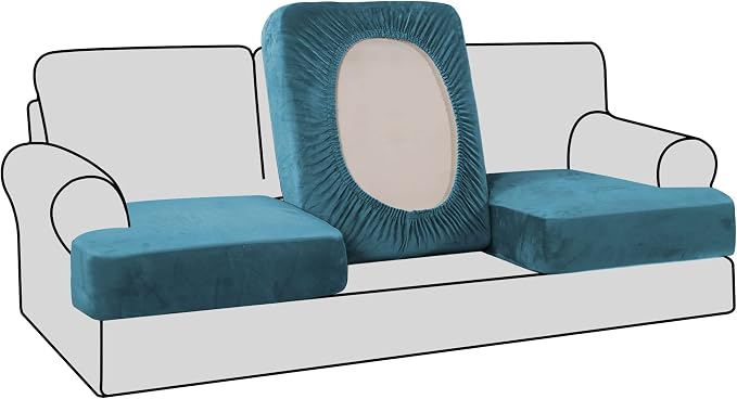 H.VERSAILTEX Stretch Velvet 3 Piece T Cushion Sofa Slipcovers Individually Sofa Cushion Covers for 3 Cushion Couch Seat Cushion Cover for Sofa Seat Cushion Cover Stay in Place(Sofa, Peacock Blue)