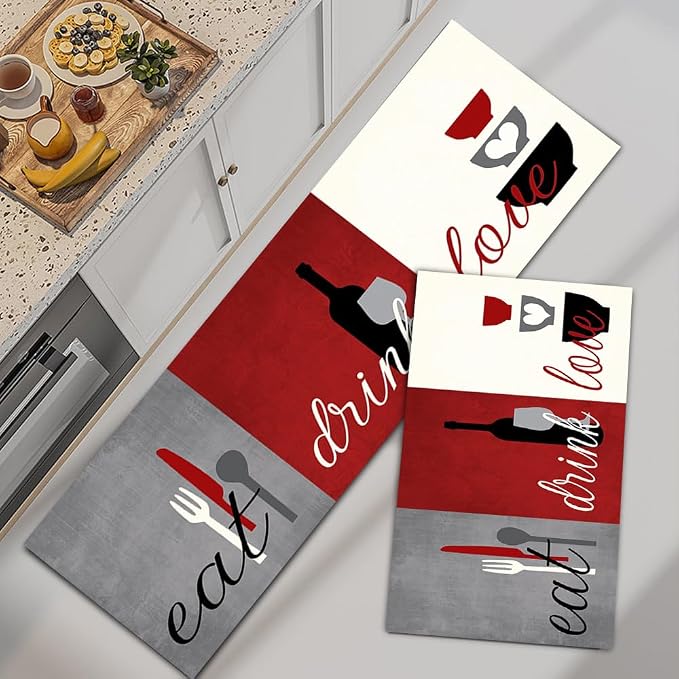 GUBIYU Set of 2 Kitchen Rugs Non Slip Red White Gray Rugs Kitchen Decor and Accessories Washable Eat Drink Love Area Rugs Motto Design Rustic Rugs for Kitchen Floor Gray Kitchen Rugs Runner Grey Mat
