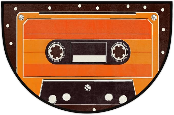 Cassette Half Round Door Mat Semi Circle Rug Half Moon Doormat | Soft Washable Retro Orange Welcome Entrance Mat for Outdoor Indoor Floor Bedroom Bathroom Home Kitchen Festival Decor