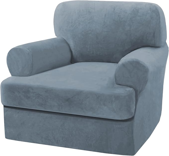 H.VERSAILTEX Sofa Cover 2 Piece T Cushion Armchair Slipcovers Thick Velvet Couch Cover Furniture Protector Stretch T Cushion Sofa Covers for 1 Cushion Couch with 1 T Cushion Covers, Stone Blue