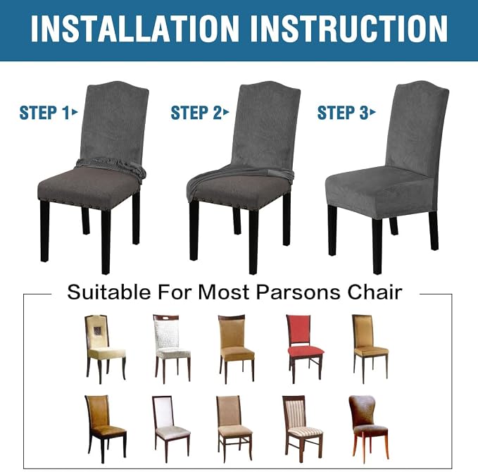 H.VERSAILTEX Velvet Dining Chair Covers Stretch Chair Covers for Dining Room Set of 4 Parson Chair Slipcovers Chair Protectors Covers Dining, Soft Thick Solid Velvet Fabric Washable, Grey Striped