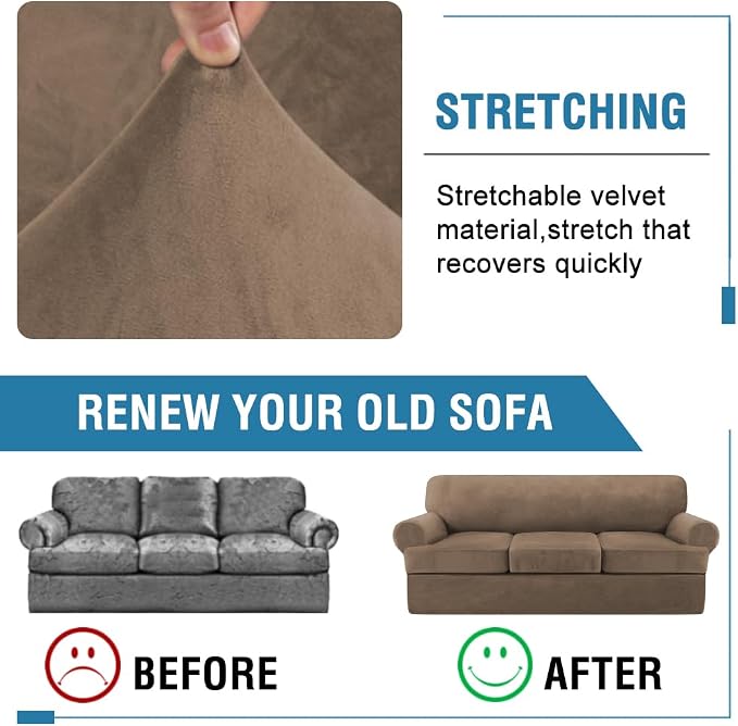 H.VERSAILTEX Sofa Cover 4 Piece T Cushion Sofa Slipcovers Thick Velvet Couch Cover Stretch T Cushion Sofa Covers for 3 Cushion Couch with 3 Individual T Cushion Covers, Mocha