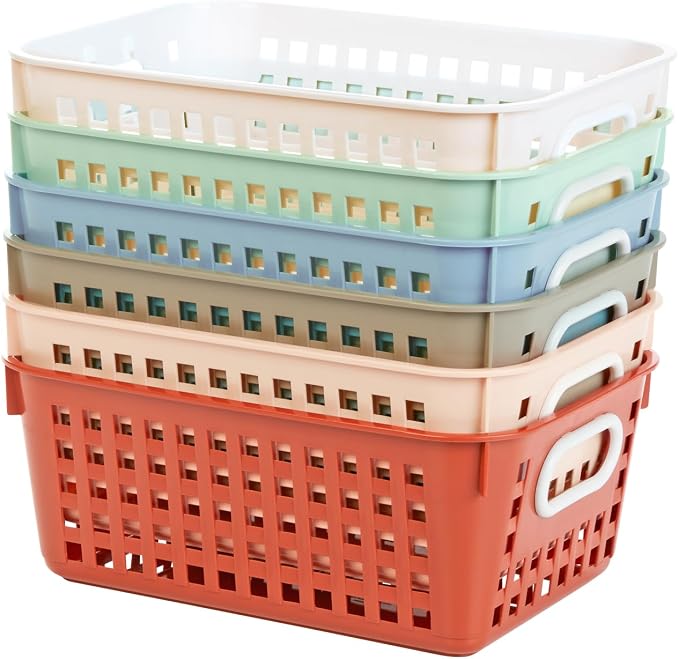 Really Good Stuff Medium Plastic Book Baskets, 11" by 7.5" by 4.5", 6-Pack | Boho Group Colors, Versatile Storage Solution for Classroom, Home, and Office